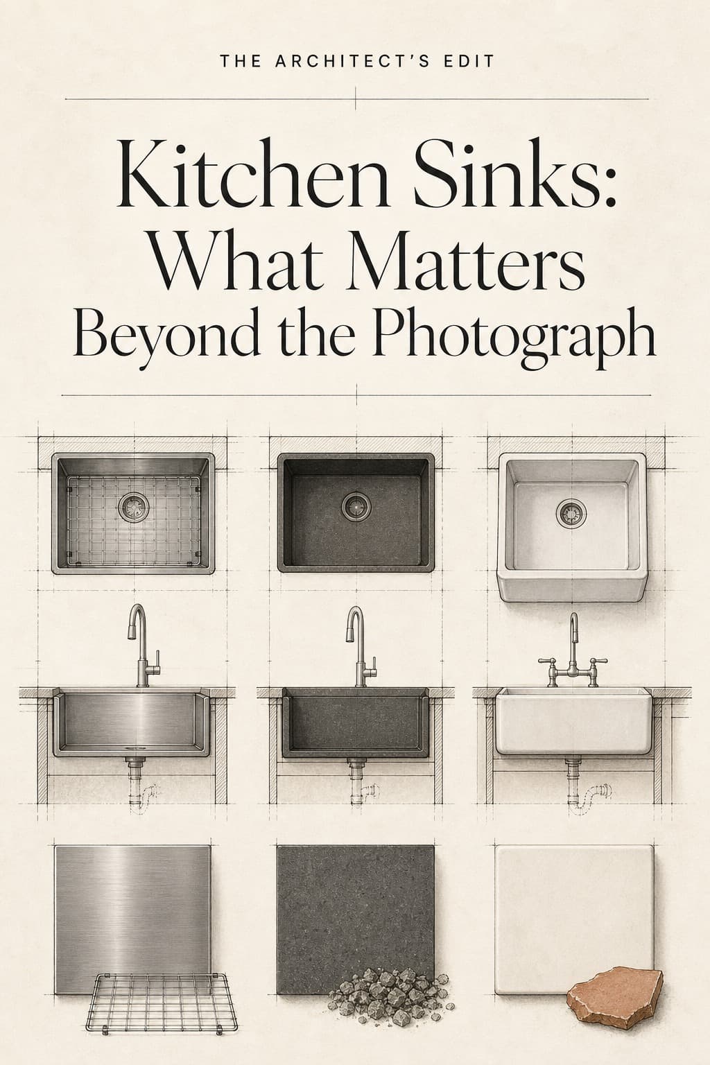 Architectural line drawings comparing stainless, composite, and fireclay sinks